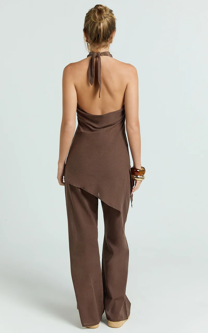 Paige Two Piece Set - Halter Top and Wide Leg Pant Set in Chocolate