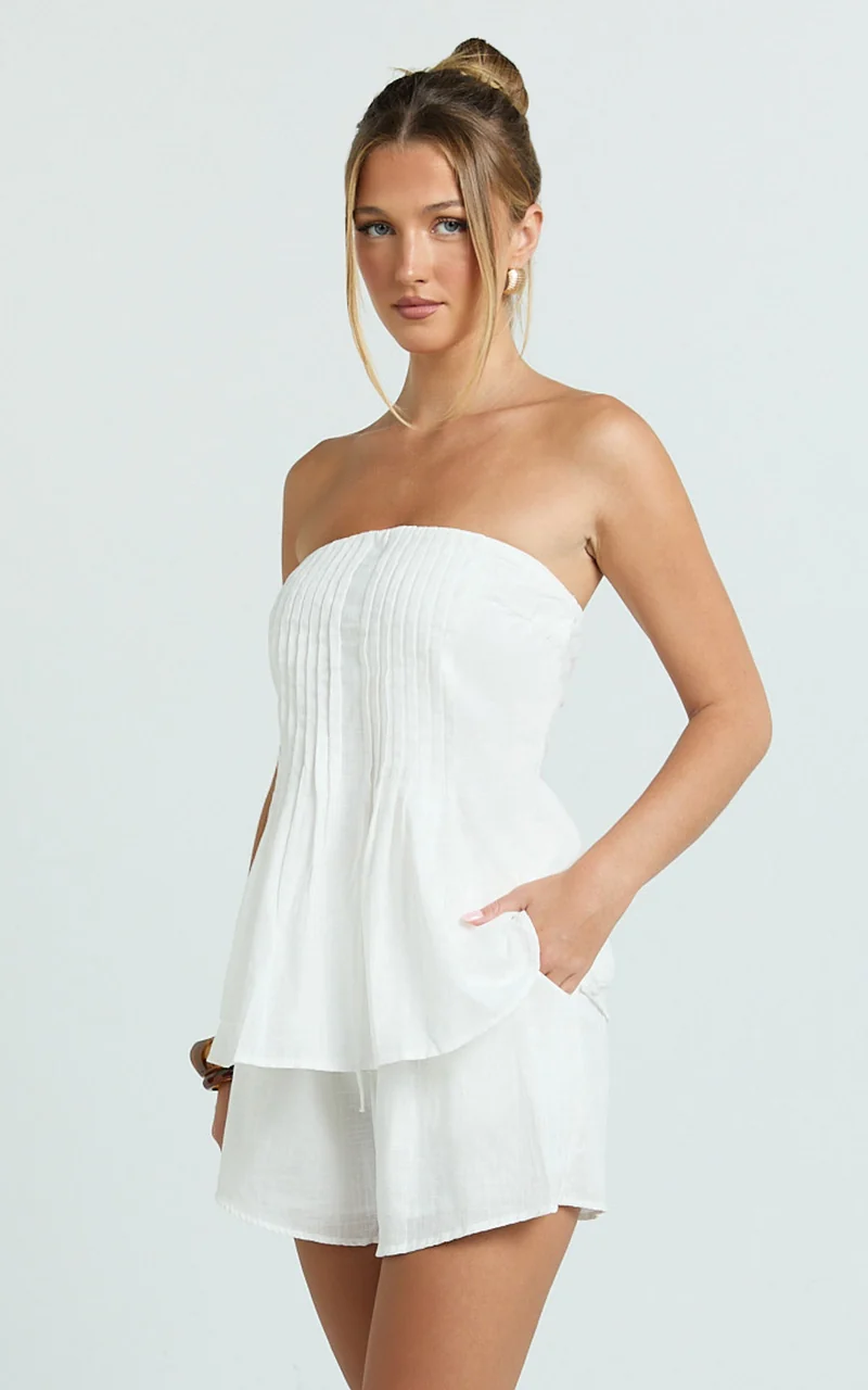 Mardie Two Piece Set - Pin Tuck Strapless Top and Short Set in White
