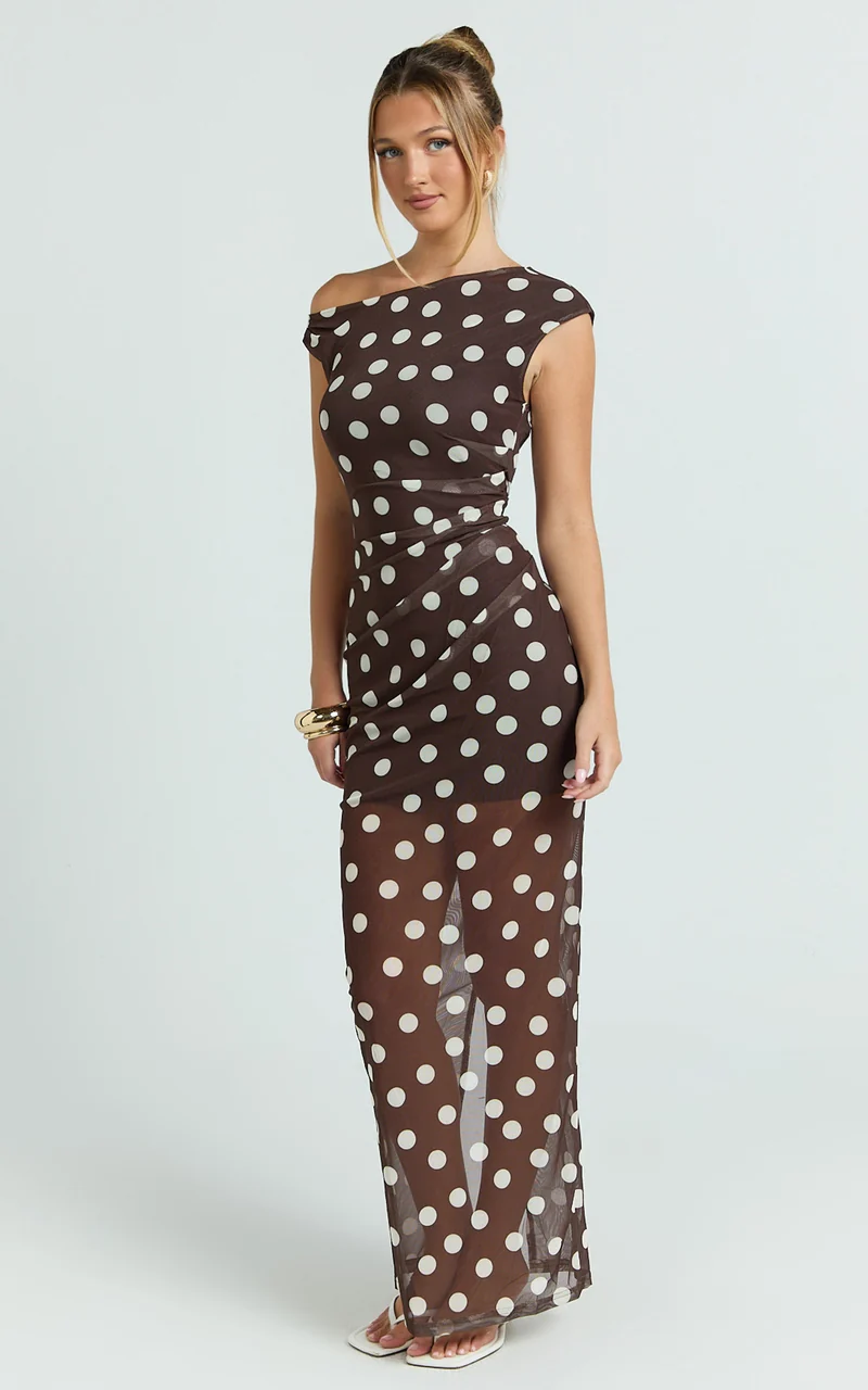 Lia Maxi Dress - Off Shoulder Slip Dress in Chocolate White Spot