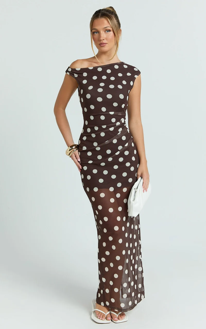 Lia Maxi Dress - Off Shoulder Slip Dress in Chocolate White Spot