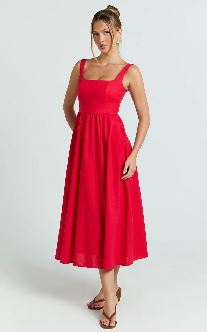 Khari Midi Dress - Linen Look Square A Line Dress in Red