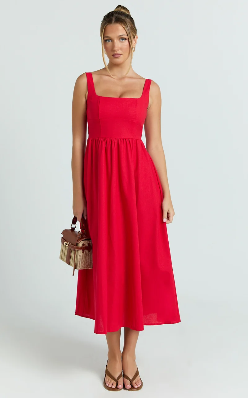 Khari Midi Dress - Linen Look Square A Line Dress in Red