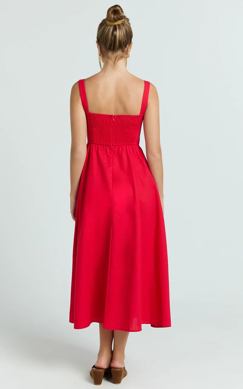 Khari Midi Dress - Linen Look Square A Line Dress in Red