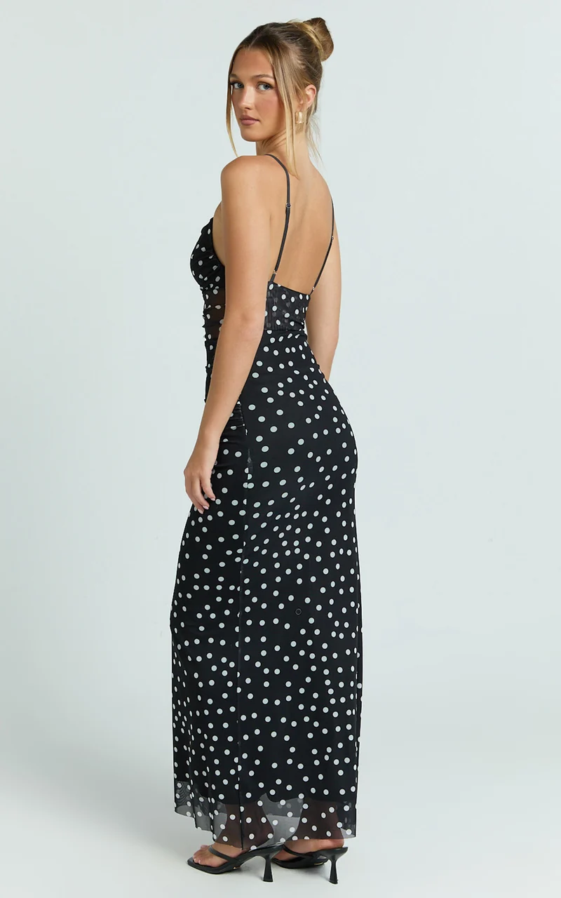 Gia Maxi Dress - Straight Neck Fitted Dress in Black White Spot