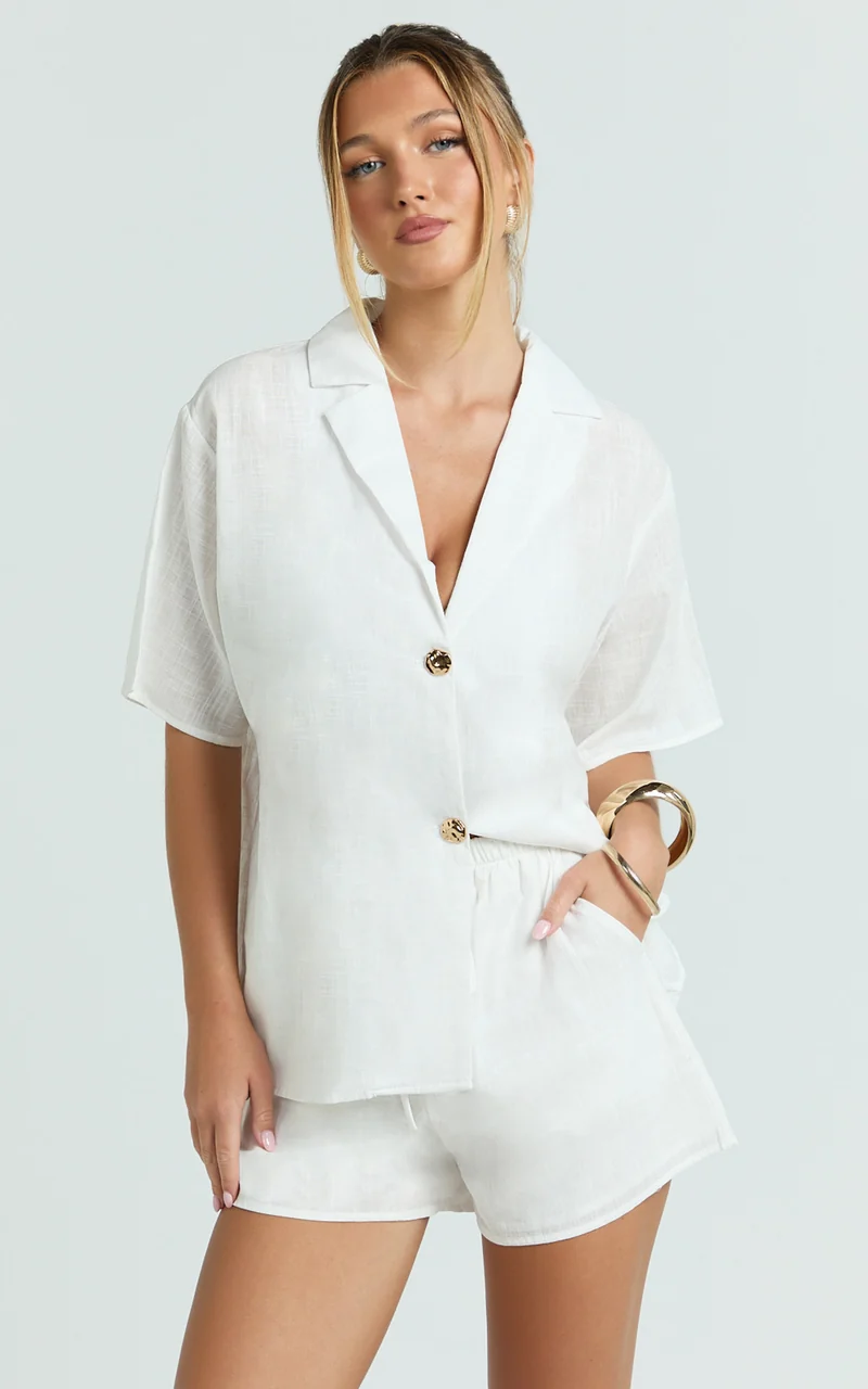 Iris Two Piece Set - Relaxed Shirt and Short Set in White