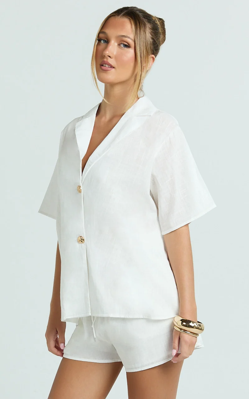 Iris Two Piece Set - Relaxed Shirt and Short Set in White
