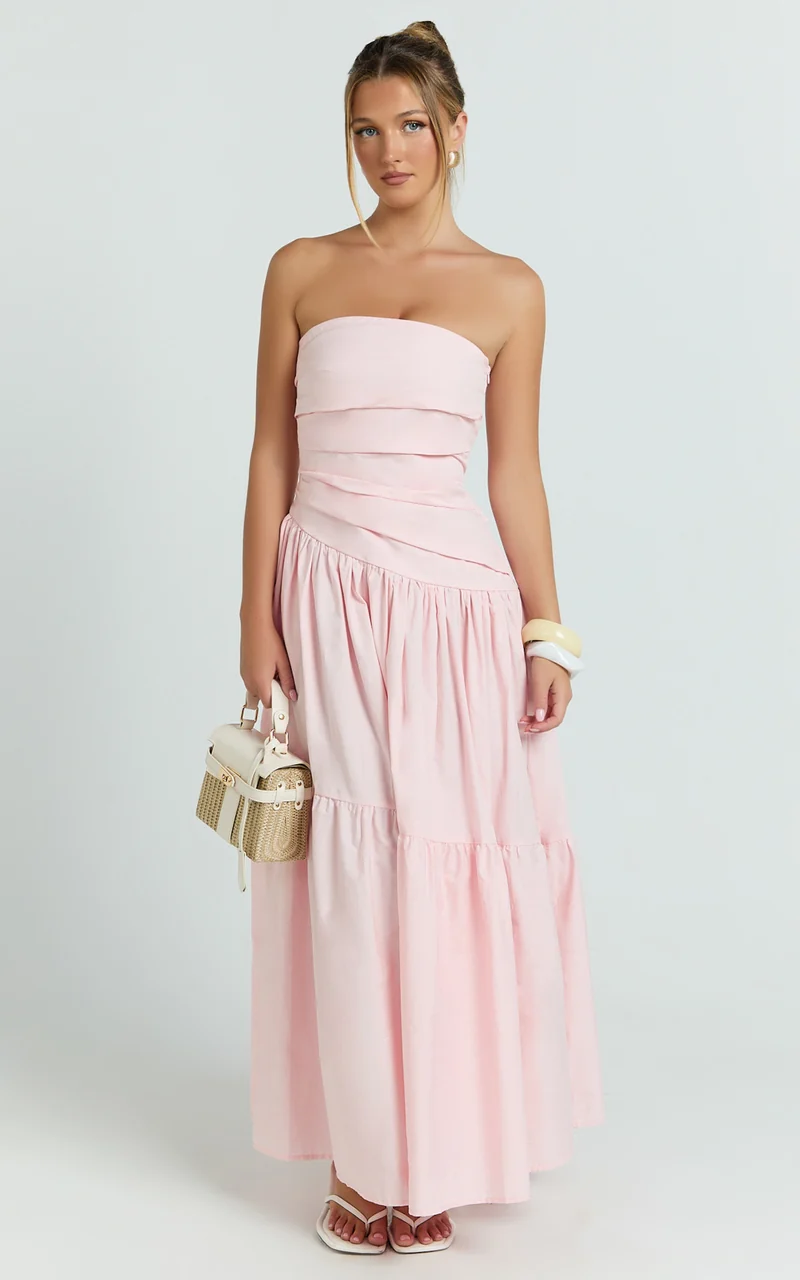 Cora Midi Dress - Strapless Dress in Pink