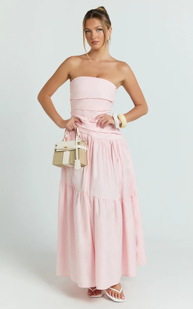 Cora Midi Dress - Strapless Dress in Pink