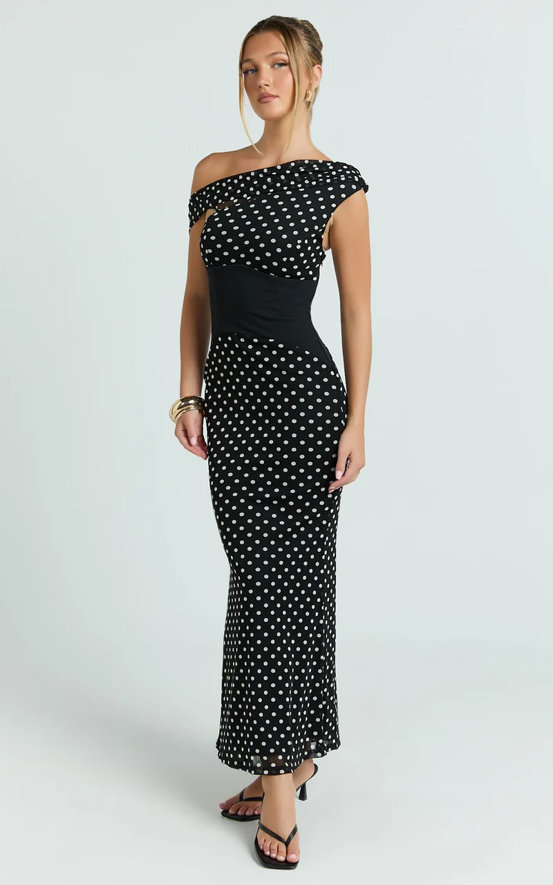 Ava Midi Dress - Asymmetrical Neckline Dress in Black