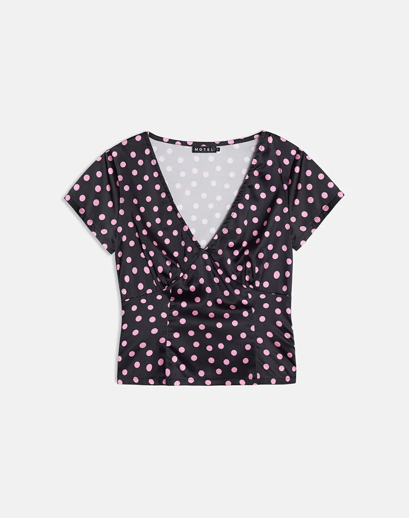 Top Asena en satin noir parsemé de pois roses