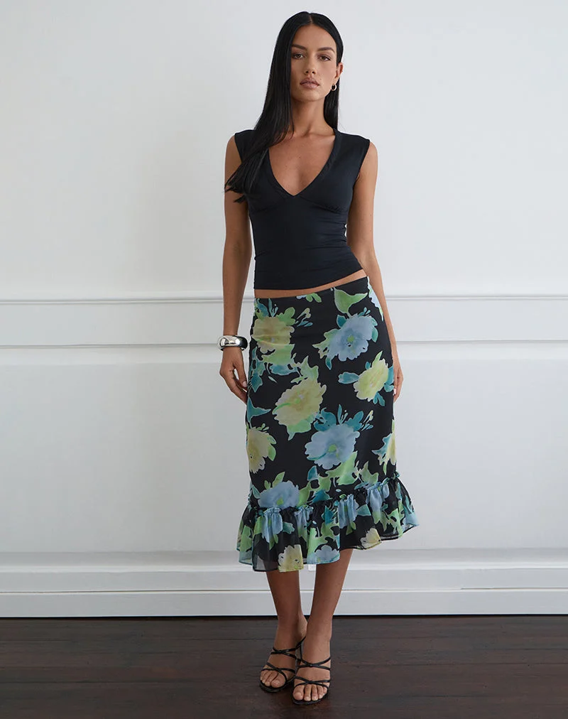 Jupe midi Tarla en mousseline noire avec imprimé fleurs en cristal