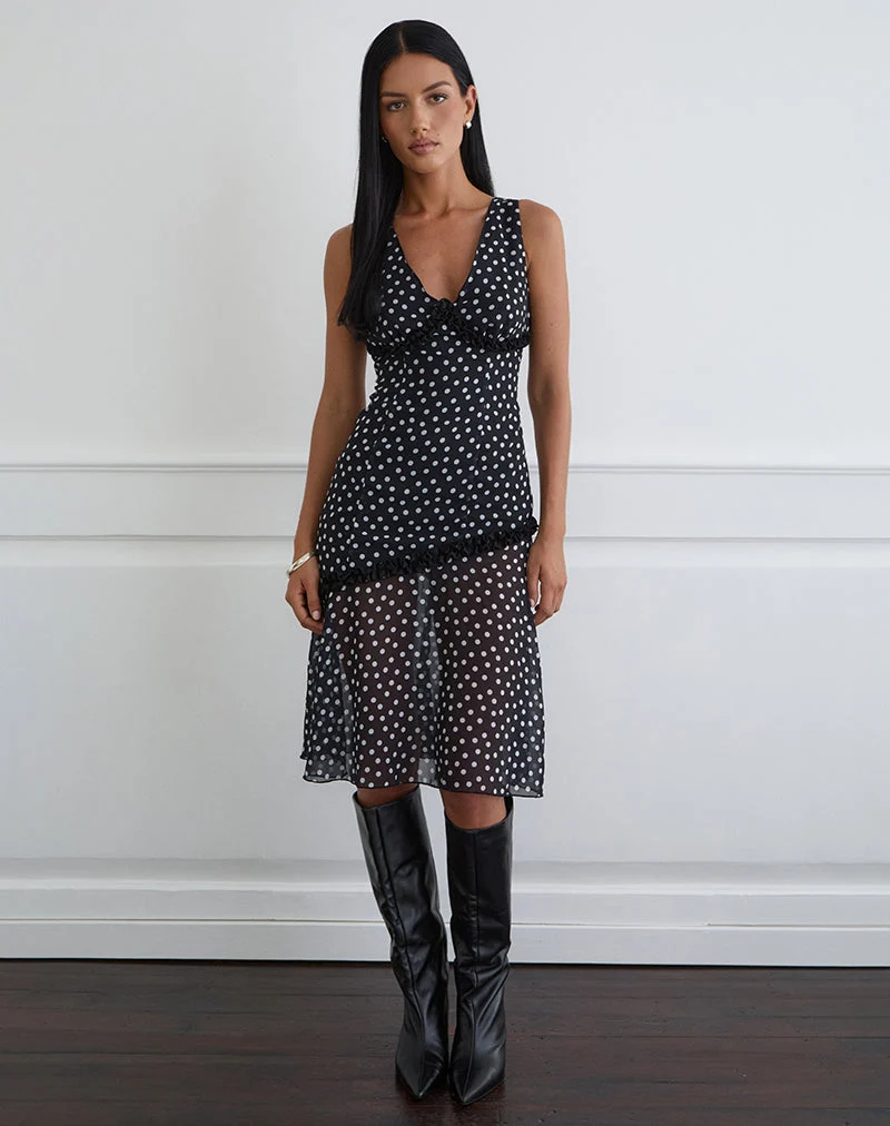 Robe midi Sovira en mousseline noire à petits pois