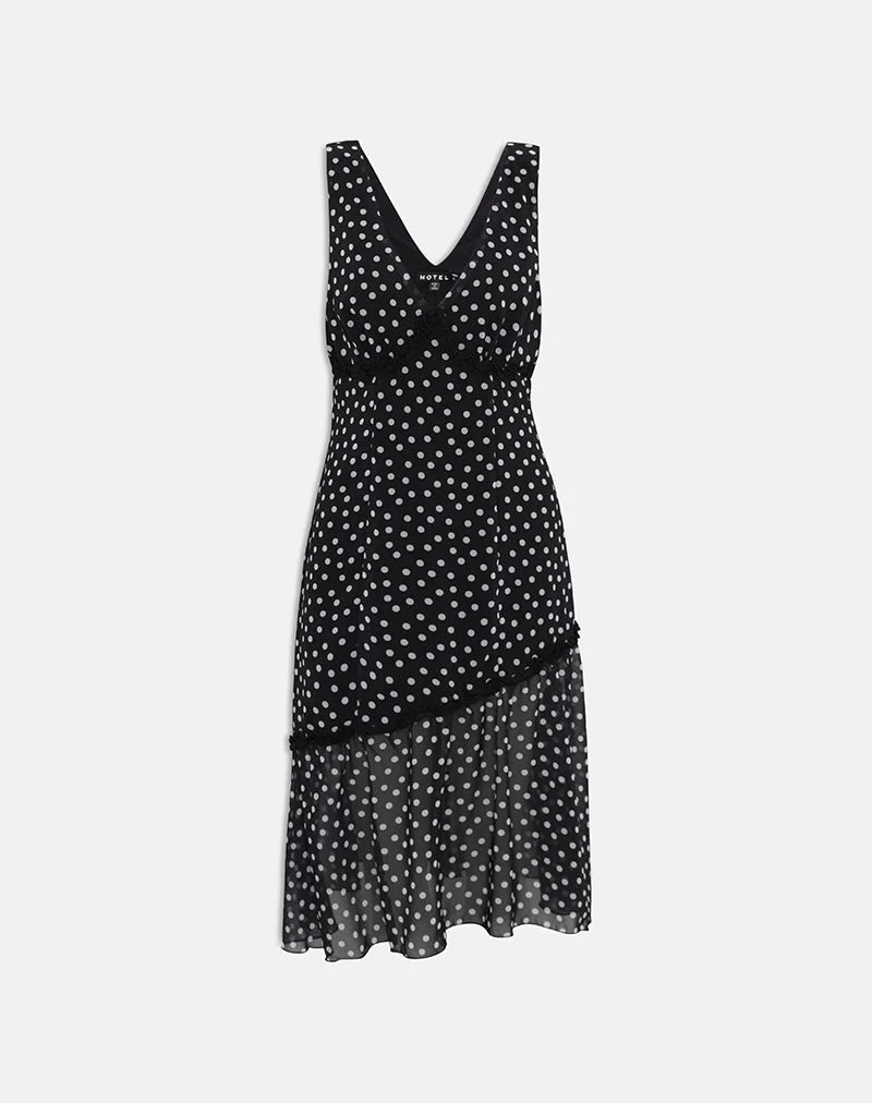 Robe midi Sovira en mousseline noire à petits pois