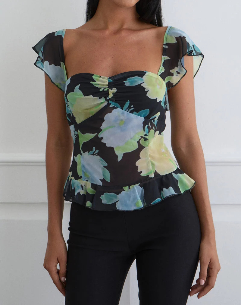Top Selita en mousseline noire avec imprimé fleurs en cristal