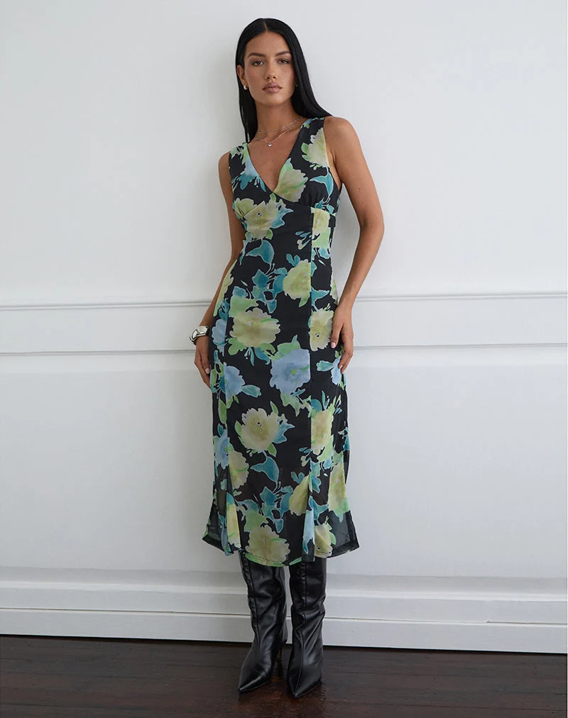 Robe midi Olydia en mousseline noire avec imprimé fleurs en cristal