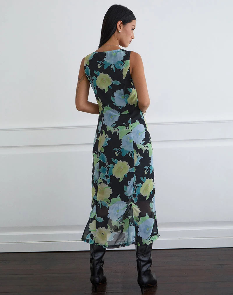 Robe midi Olydia en mousseline noire avec imprimé fleurs en cristal