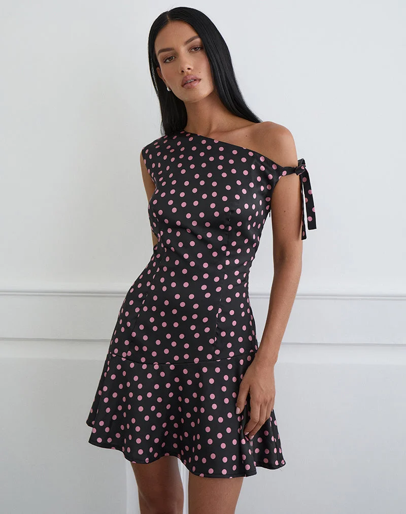 Mini-robe Maribel en satin noir parsemé de pois roses