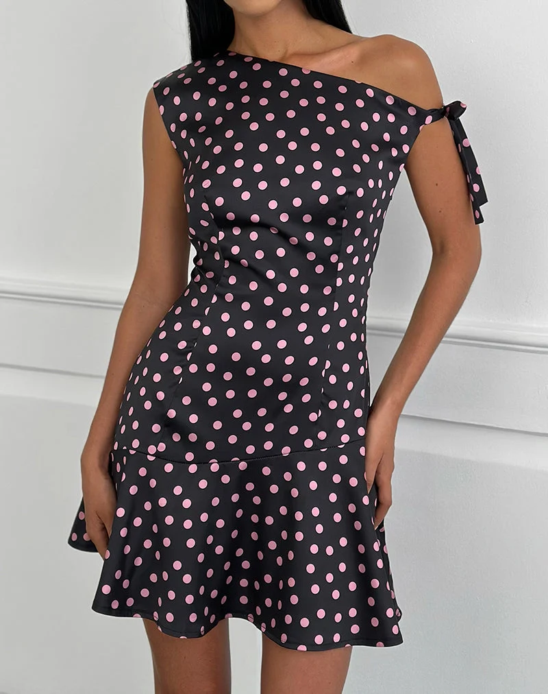 Mini-robe Maribel en satin noir parsemé de pois roses
