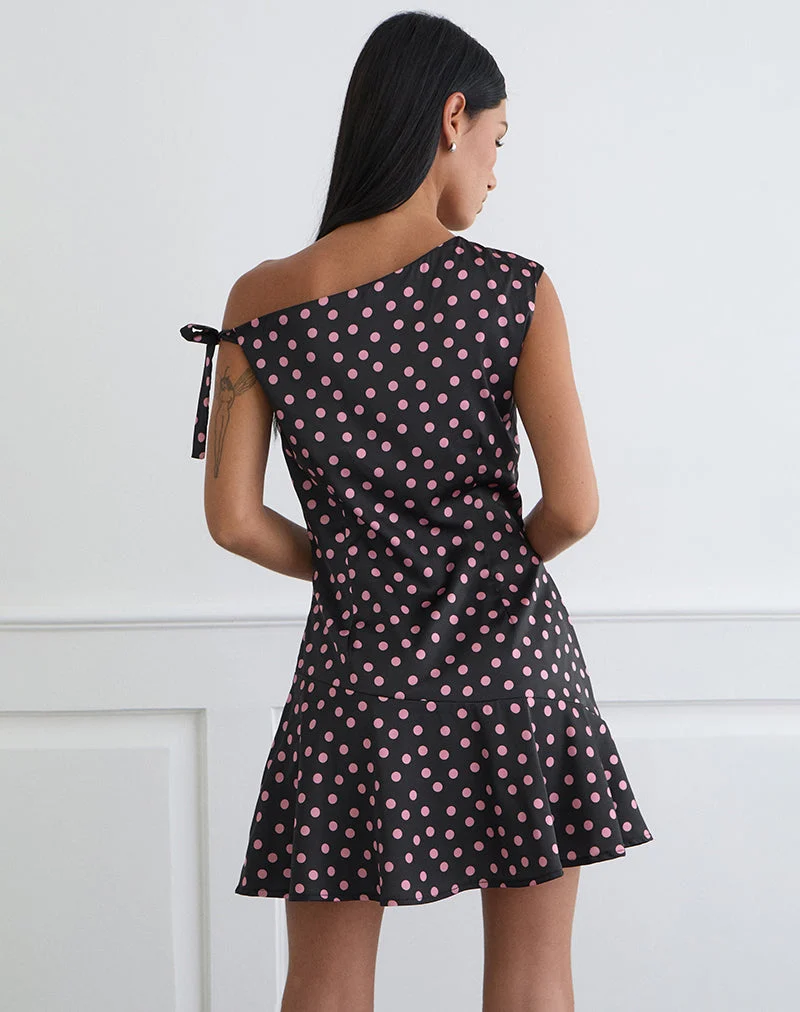 Mini-robe Maribel en satin noir parsemé de pois roses