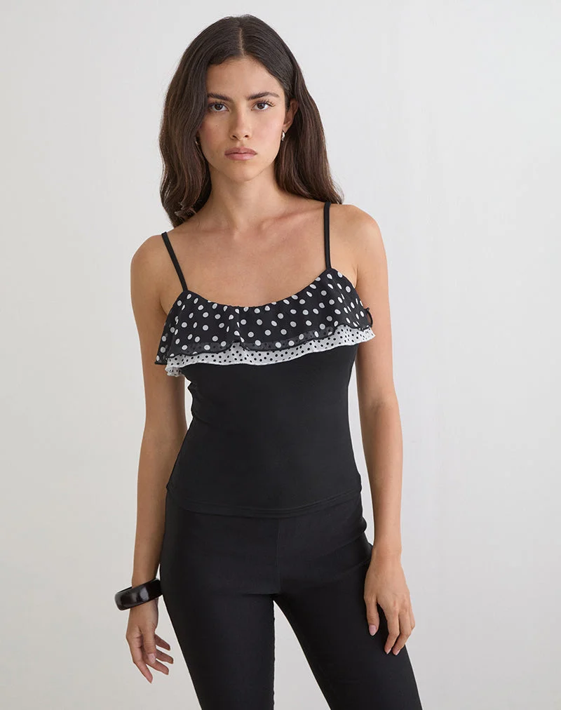 Top Iridia en cupro noir avec petits volants à pois