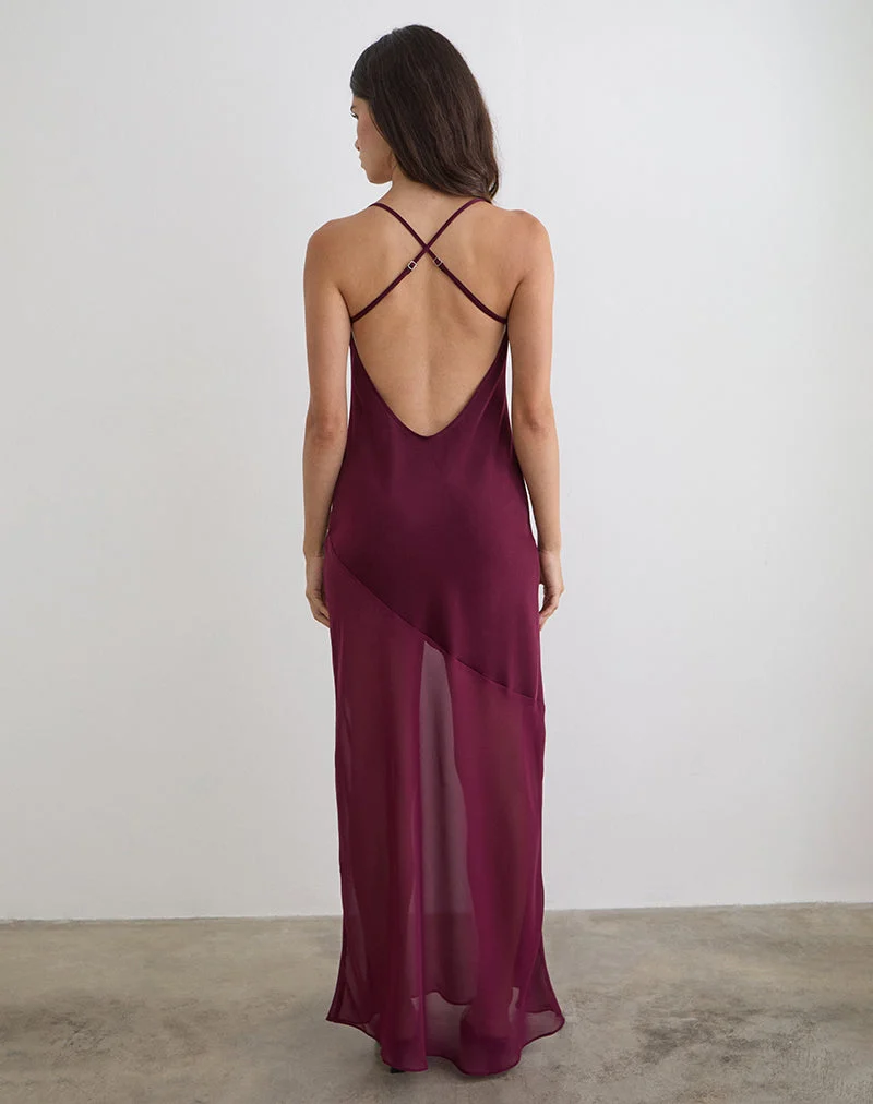 Robe longue Eshara en satin chiffon bordeaux