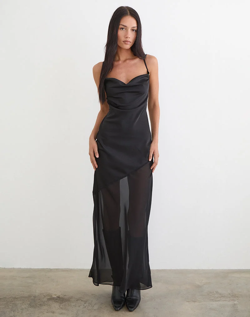 Robe longue Eshara en satin chiffon noir