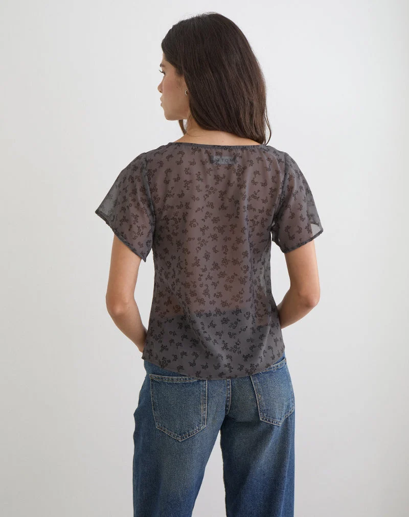 Blouse Kota en mousseline à fleurs minimalistes gris foncé