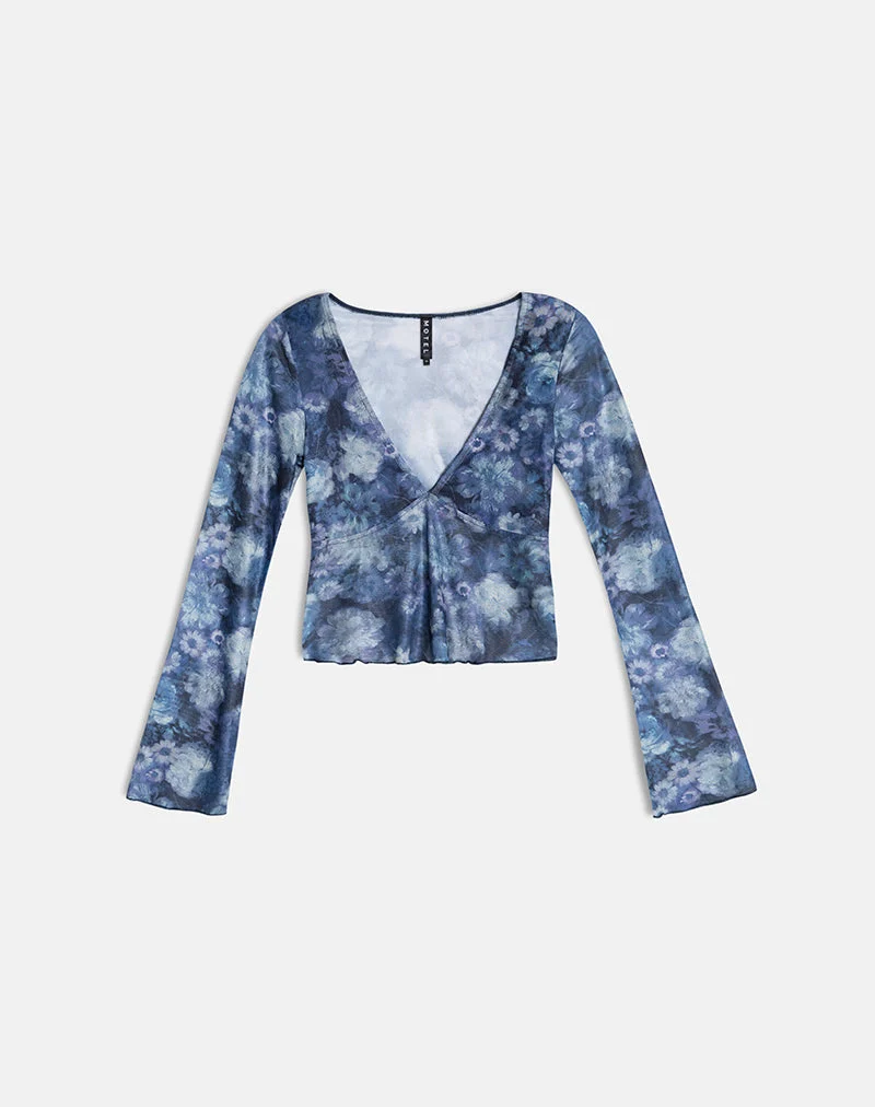 Haut à manches longues Yamuna en maille fleurie artistique bleu foncé