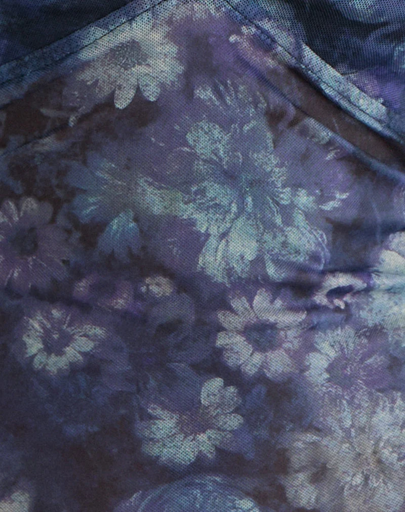 Haut à manches longues Yamuna en maille fleurie artistique bleu foncé