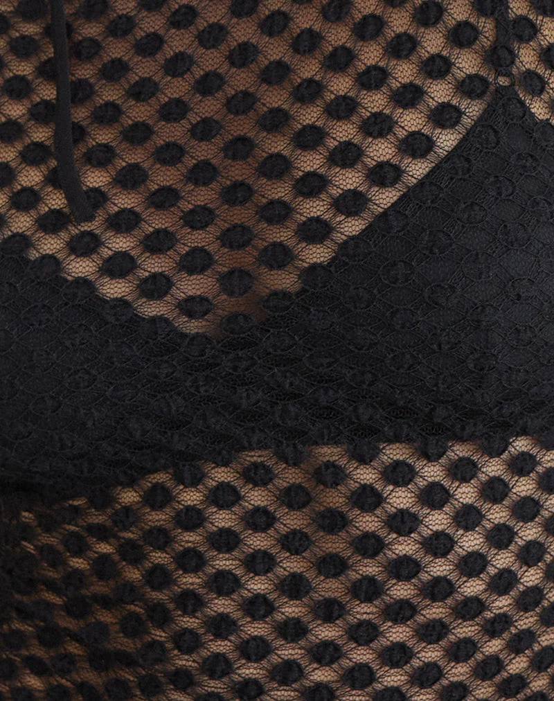 Haut à manches longues et découpe en V Sonam en dentelle à pois noir
