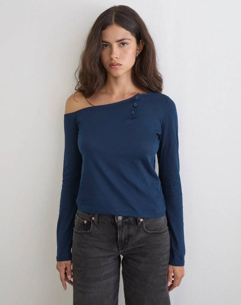 Haut asymétrique boutonné en jersey fin bleu marine foncé