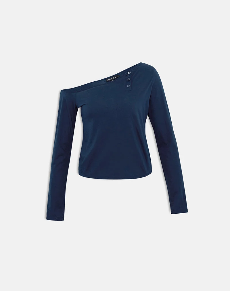 Haut asymétrique boutonné en jersey fin bleu marine foncé