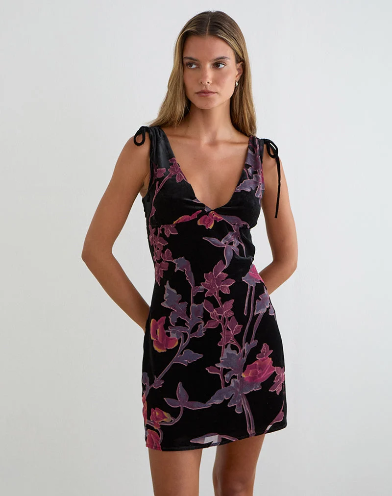 Mini-robe Rosmila noire à imprimé floral dévoré