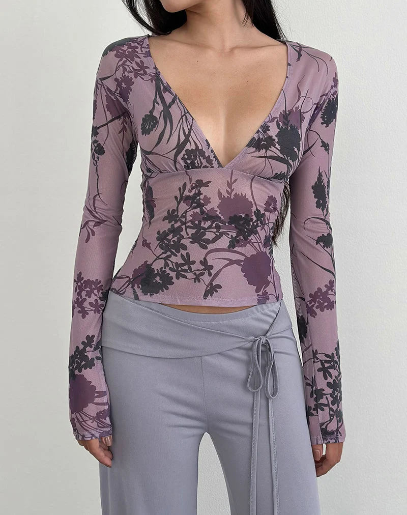 Haut Jaydra à fleurs violettes floquées