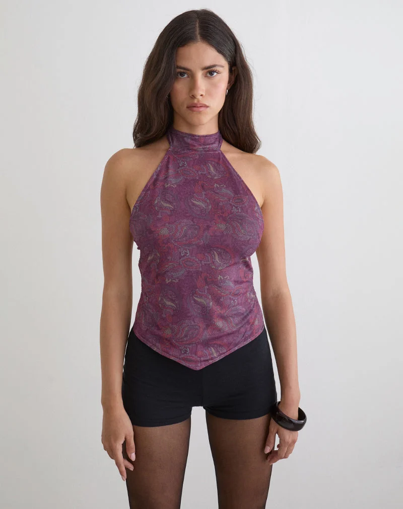 Haut à dos nu Ares, motif cachemire violet royal