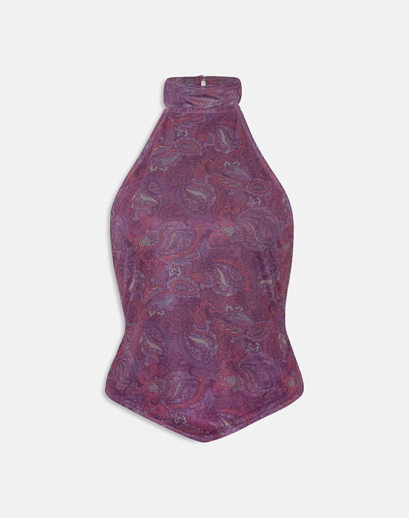 Haut à dos nu Ares, motif cachemire violet royal
