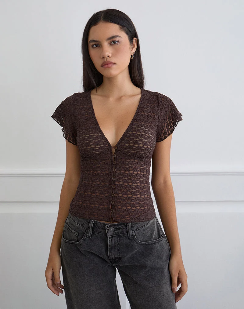 Haut boutonné à col en V Yeslin, couleur prune foncée