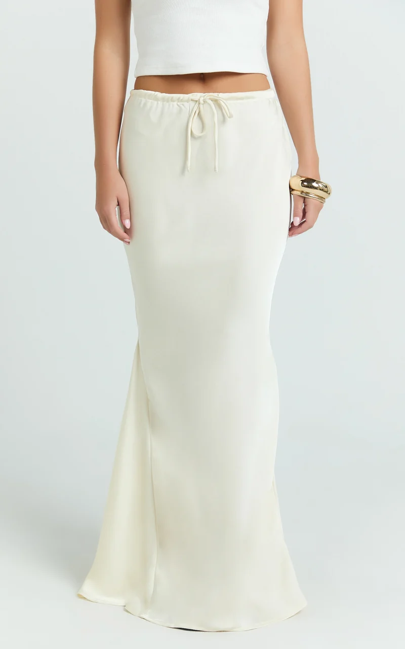 Jenna Maxi Skirt - Mid Waisted Satin Maxi Skirt in Oyster