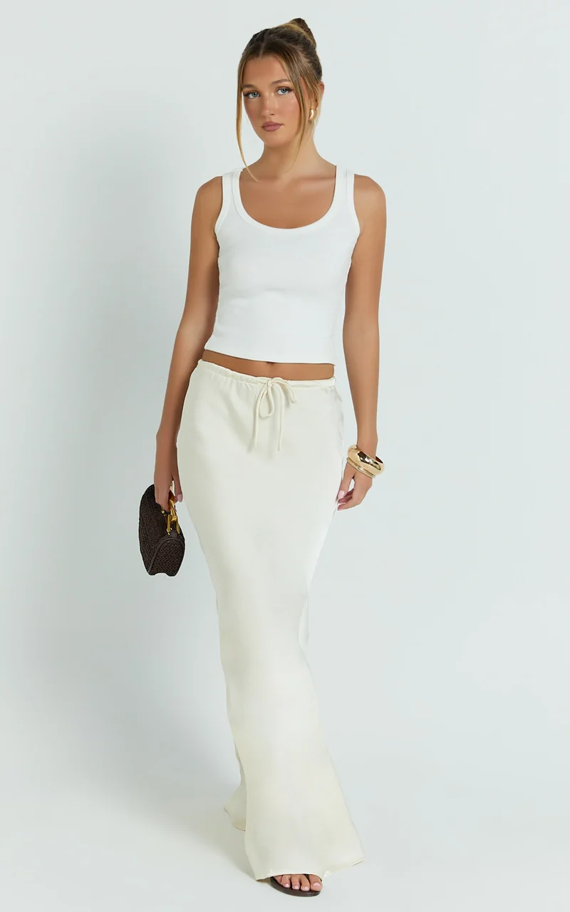 Jenna Maxi Skirt - Mid Waisted Satin Maxi Skirt in Oyster