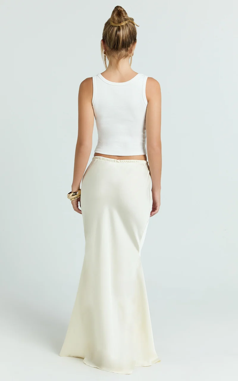 Jenna Maxi Skirt - Mid Waisted Satin Maxi Skirt in Oyster