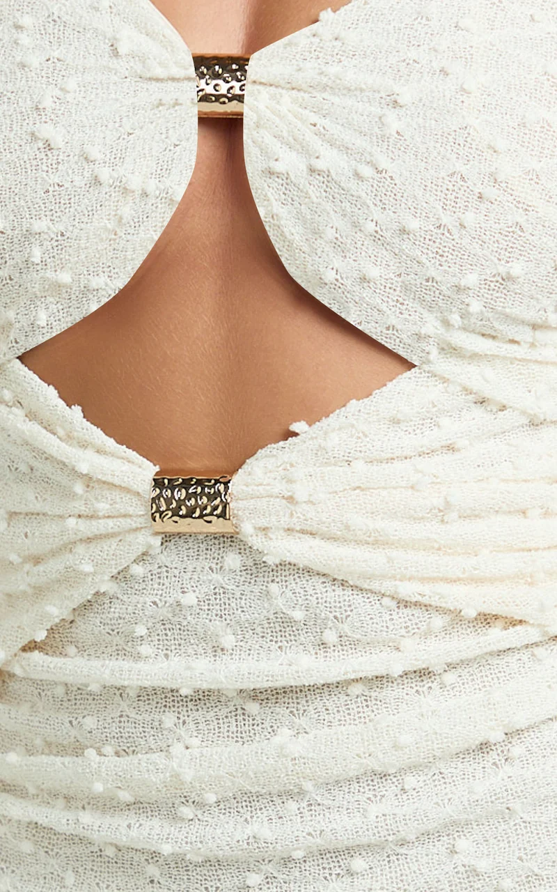 Romy Mini Dress - Cut Out Gold Trim Gathered A Line Dress in Ivory