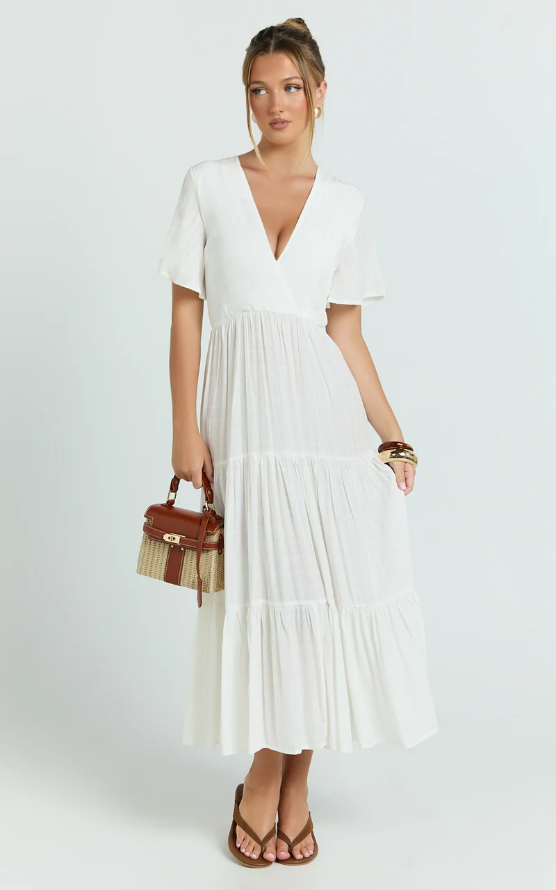 Cryzel Midi Dress - Flutter Sleeve Tiered Dress in White