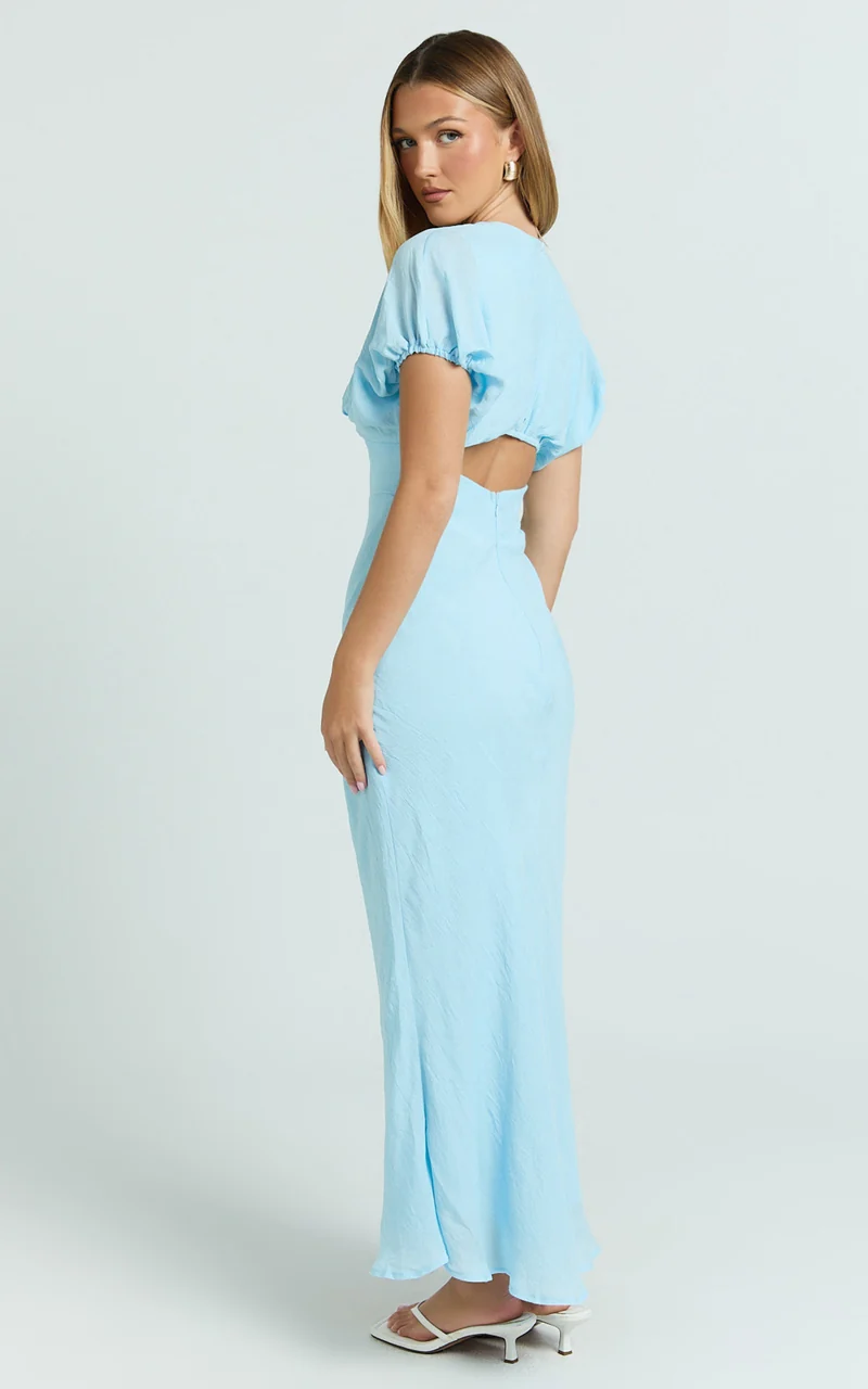 Desiree Midi Dress - V Neck Flutter Short Sleeve Slip Dress in Blue