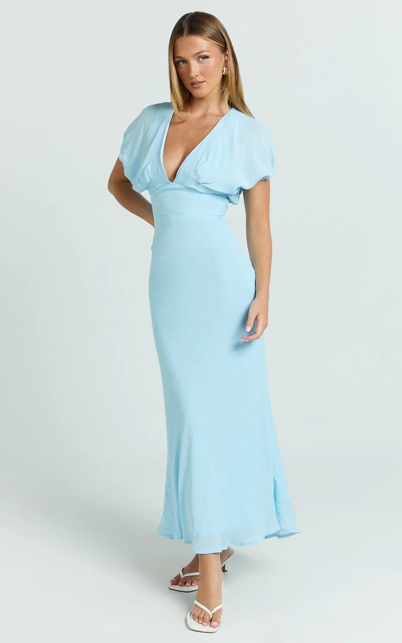 Desiree Midi Dress - V Neck Flutter Short Sleeve Slip Dress in Blue