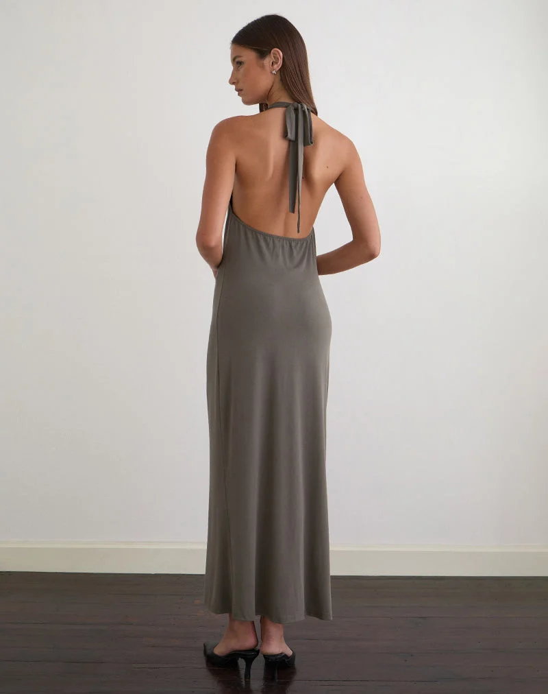 Robe longue Zarya en cupro gris kaki