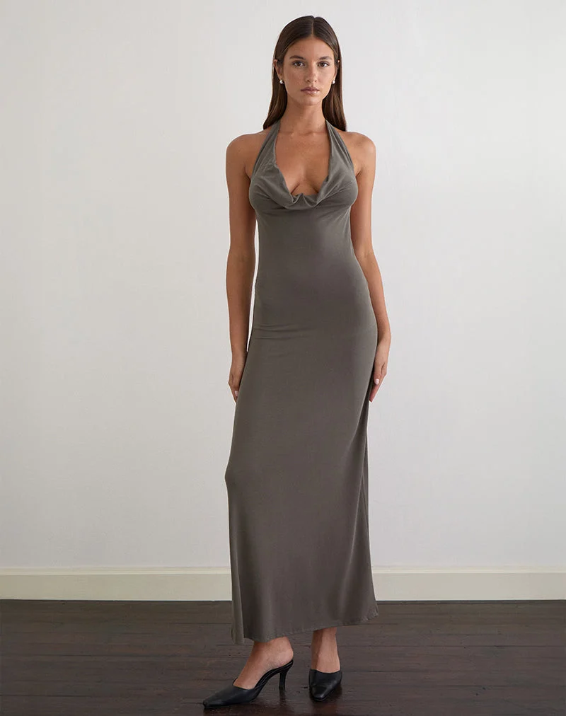 Robe longue Zarya en cupro gris kaki