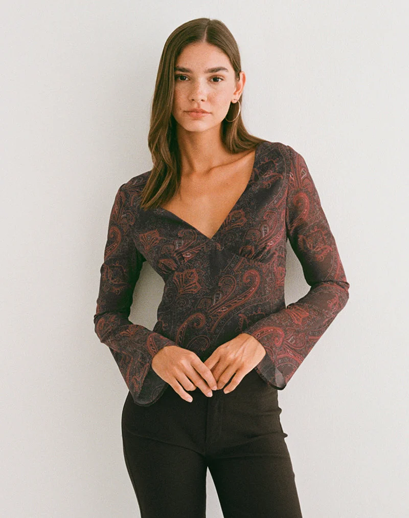 Haut à manches longues Karilo en mousseline Royal Paisley Burgundy