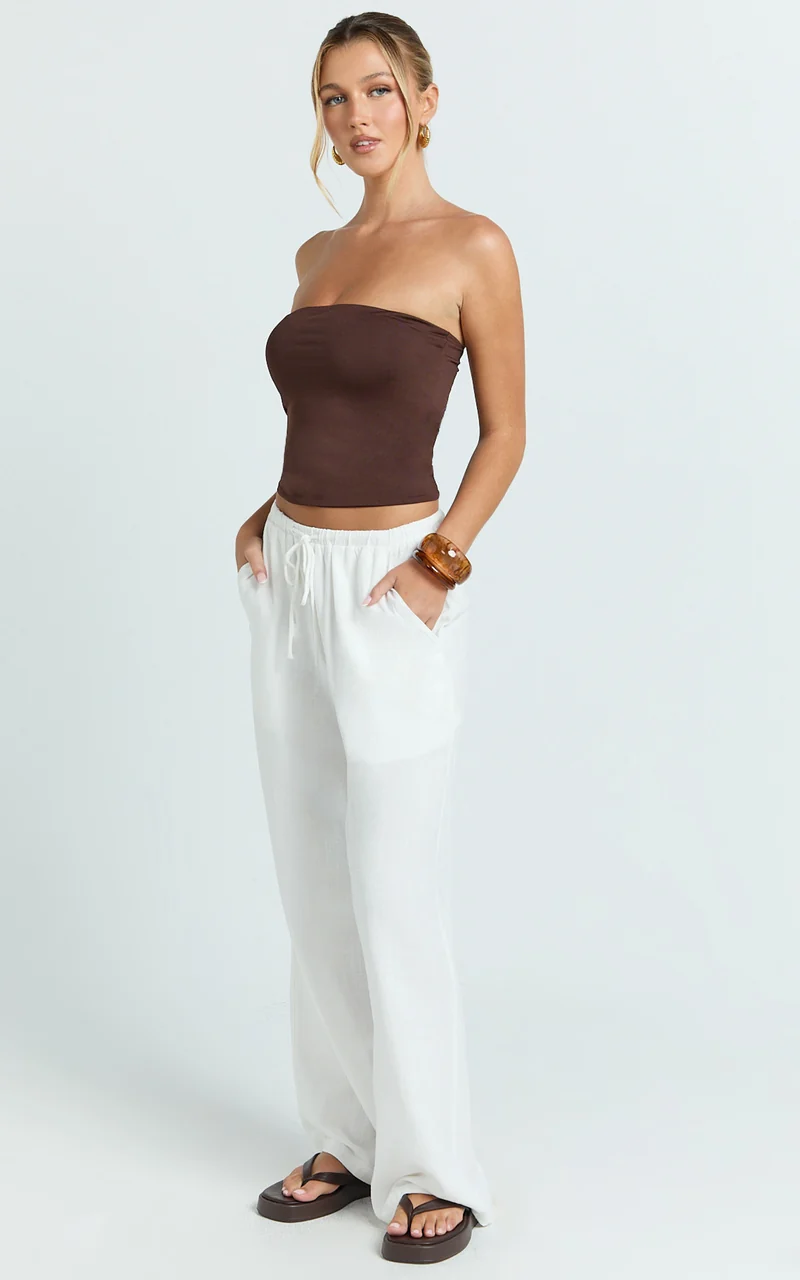 Wesley Pants - Mid Rise Relaxed Leg Linen Blend Pants in Off White