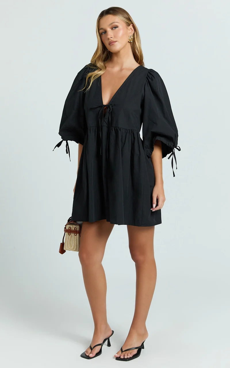 Rosita Mini Dress - Tie Front Puff Sleeve Dress in Black
