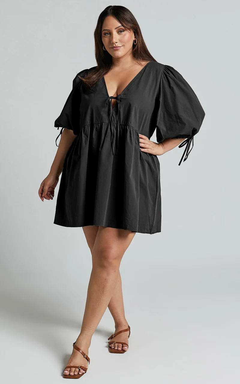 Rosita Mini Dress - Tie Front Puff Sleeve Dress in Black